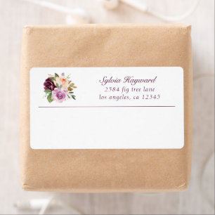 Elegante pruim paarse bloemrijke retouradreslabels etiket