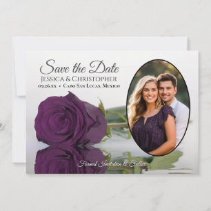 Elegante pruim paarse roos met ovale fototrouwdag save the date