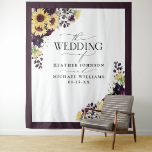 Elegante Pruim Paarse Zonnebloem Aquarel Bruiloft Wandkleed