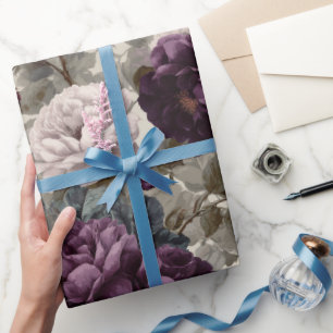 Elegante pruim roos ivoor bloemmotief cadeaupapier