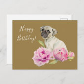 Elegante Pug en pioenen | Birthday Briefkaart (Voorkant / Achterkant)