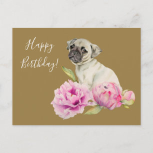Elegante Pug en pioenen   Birthday Briefkaart