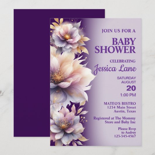 Elégante Purple Floral Baby shower Invitation (Devant / Derrière)