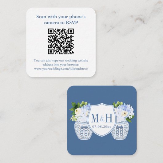 Elegante QR Code Blauw Wit Huwelijk RSVP Informatiekaartje (Voorkant / Achterkant)
