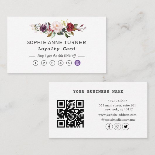 Elegante QR-code bordeauxroze bloem professioneel Klantenkaartje (Voorkant / Achterkant)