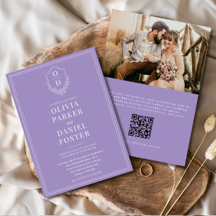 Elegante QR Code Crest Lila Paarse foto bruiloft Kaart