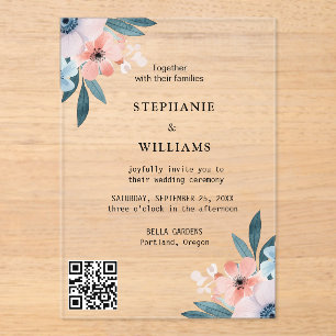 Elegante QR-code Dusty Blue Floral Wedding Acryl Uitnodigingen