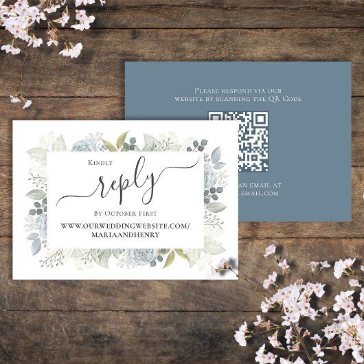 Elegante QR Code Floral RSVP Online Dusty Blue