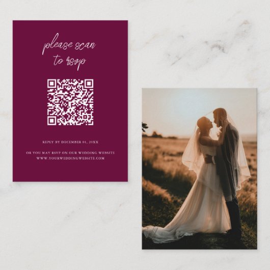 Elegante QR-code Foto Bourgondische bruiloft RSVP Informatiekaartje (Voorkant / Achterkant)