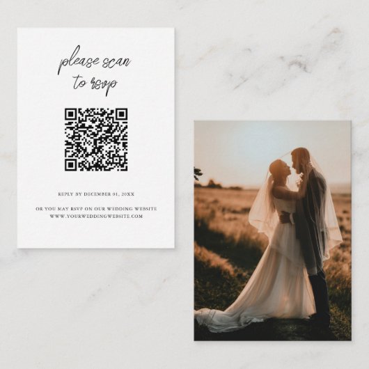Elegante QR Code Foto Witte Huwelijk RSVP Informatiekaartje (Voorkant / Achterkant)