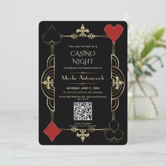 Elegante QR-code Las Vegas Casino Night Afstudeerf Kaart (Staand voorkant)