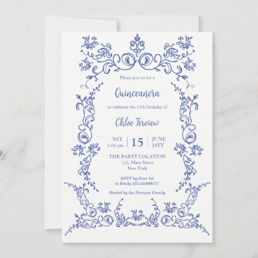 Elégante Quinceañera Blue Floral invitation (Devant)