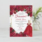 Elégante Quinceanera Florale Rouge Invitation Anni (Debout devant)