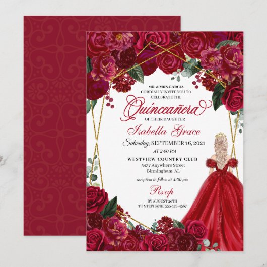Elégante Quinceanera Florale Rouge Invitation Anni (Devant / Derrière)