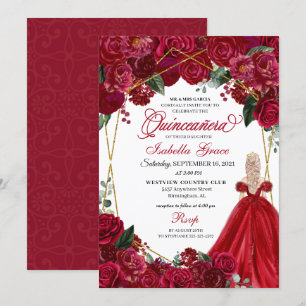 Elégante Quinceanera Florale Rouge Invitation Anni