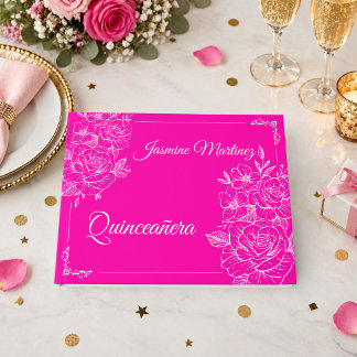 Elegante Quinceañera Fuchsia Roze en Witte Bloemen Gastenboek