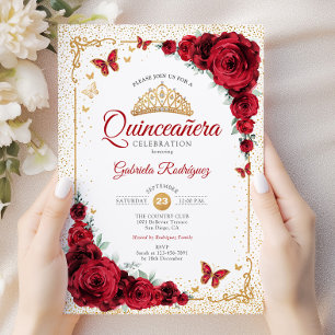 Elegante Quinceanera Rode Rozen Goud Wit Kaart