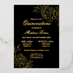 Elegante Quinceanera-schets bloemmotief zwart en g Folie Uitnodiging