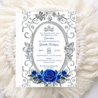 Elegante Quinceañera uitnodiging Bloemrijk Blauw Z