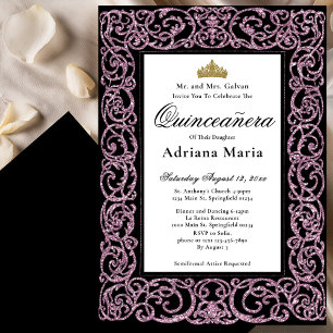 Elegante Quinceanera-uitnodiging Roze Scrollwerk Kaart