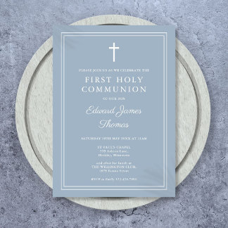 Elegante rand stoffig blauwe eerste heilige commun kaart