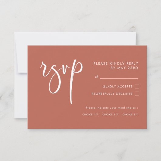 Elegante Red Clay RSVP-kaart met maaltijdkeuze RSVP Kaartje (Voorkant)