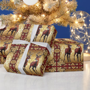 Elegante Red Deer Moose Gold vrolijk kerstpatroon Cadeaupapier