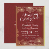 Elégante Red Gold Floral Wedding shower invitation (Devant / Derrière)