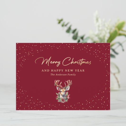 Elégante Red Gold Snow Reindeer Cartes de Noël (Debout devant)