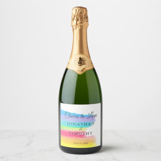 Elegante regenboog bruiloft gepersonaliseerd sparkling wijnetiket (Voorkant)