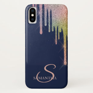 Elegante regenboog glinster druppels, marineblauw iPhone x hoesje