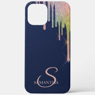 Elegante regenboog glinster druppels, marineblauw iPhone 12 pro max hoesje