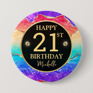 Elegante Regenboog Gouden Glitter Agate 21e Verjaa Ronde Button 7,6 Cm