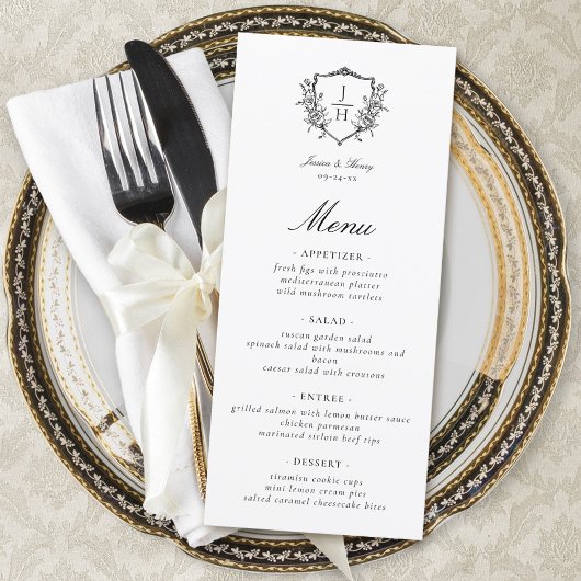 Elegante Regency Floral Crest Monogram Huwelijk Menu