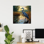 🌿 Elegante Reiger Moeras Nevelig Drasland Natuur Poster (Thuiskantoor)