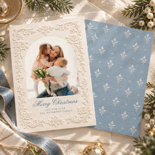 Elegante reliëf stijl blauwe bloemen foto Kerstmis Feestdagenkaart