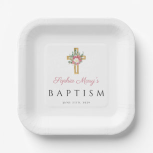 Elegante Religieuze Roze Bloem Meisje Doopfeest Papieren Bordje