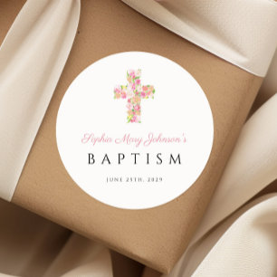 Elegante Religieuze Roze Bloemenkruis Doop Ronde Sticker