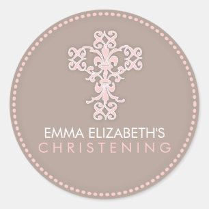 Elegante religieuze viering kruis in roze ronde sticker