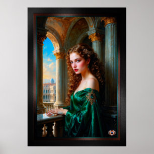 Elegante Renaissance Vrouw in Groene Jurk Poster