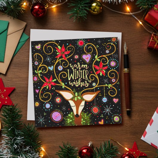 Elegante Rendier Bloem Kerst Wensen Feestdagenkaart