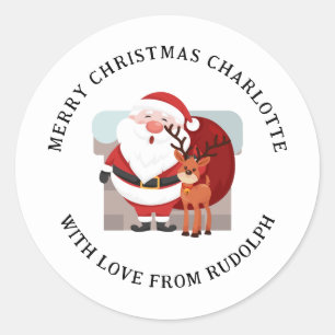 Elegante Rendieren & Kerstman Familienaam Ronde Sticker