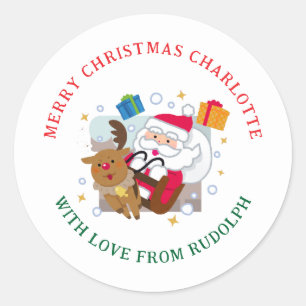 Elegante Rendieren & Kerstman Familienaam Ronde Sticker