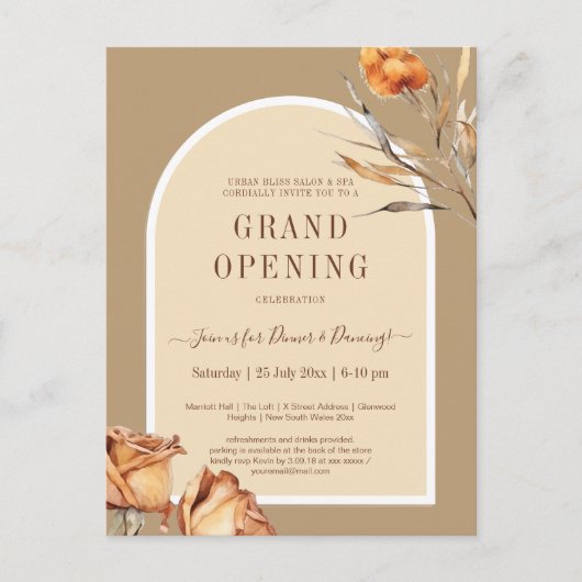 Elegante Retro Arch Bloem Zakelijke Grote Opening Briefkaart (Voorkant)