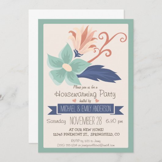 Elegante Retro Bloemen; Floral Housewarming Party Kaart (Voorkant / Achterkant)