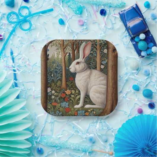 Elegante retro boho witte konijn bos bloemen papieren bordje (Feest)