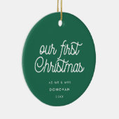 Elegante retro groen onze eerste kerstfoto keramisch ornament (Rechts)