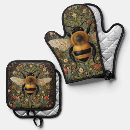 Elegante retro hommel boho botanische bloemen ovenwant & pannenlap set (Voorkant / Achterkant)