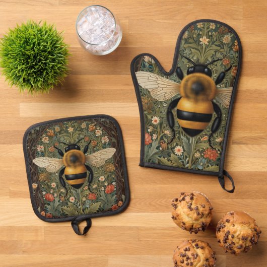 Elegante retro hommel boho botanische bloemen ovenwant & pannenlap set (Top down)