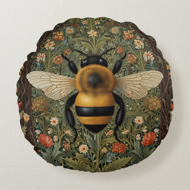 Elegante retro hommel boho botanische bloemkunst rond kussen (Voorkant)
